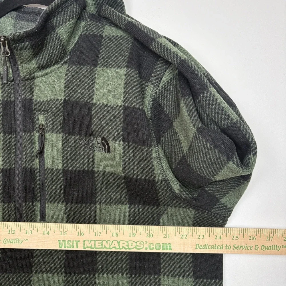The North Face Mens 1/4 Zip Fleece Sweater XXL Green Plaid Pocket Elbow Patches